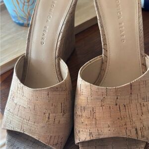 Veronica Beard Cork-Textured Slide Mules in Natural Tan